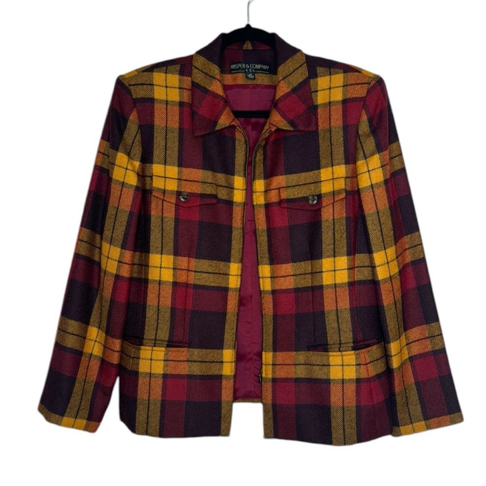 Kasper & Company ASL Vintage 90s Wool Zip Up Plaid Pocketed Blazer Size 14